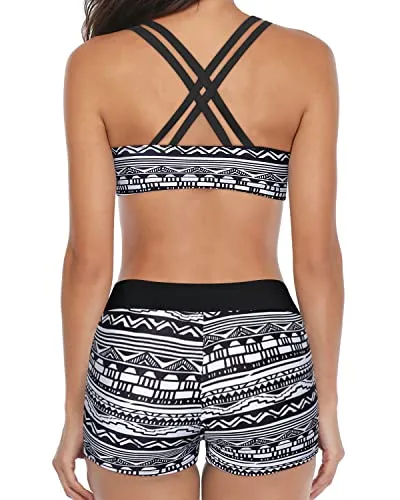 Sports Bra & Shorts Athletic 3 Piece Swimsuits-Black Tribal