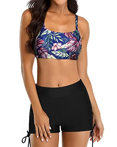 Sports Bra Push Up Padded Tank Tops Boyshorts Strappy Tankini Bathing Suits-Maroon Leaf