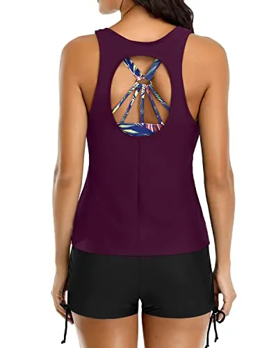 Sports Bra Push Up Padded Tank Tops Boyshorts Strappy Tankini Bathing Suits-Maroon Leaf