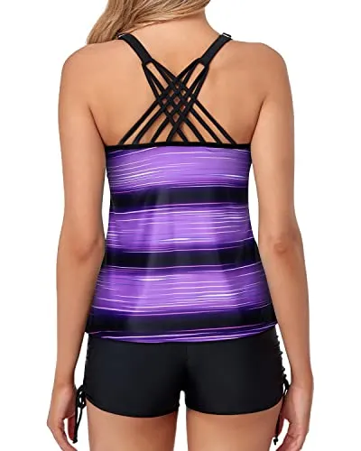 Sporty Adjustable Shoulder Straps Cross-Back Design Tankini-Purple Stripe