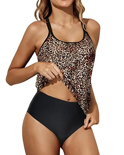 Sporty Flared Scoop Neck Tankini For Teen Girls-Black And Leopard