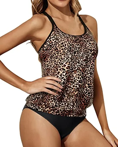 Sporty Flared Scoop Neck Tankini For Teen Girls-Black And Leopard