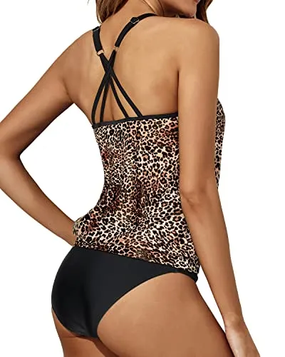 Sporty Flared Scoop Neck Tankini For Teen Girls-Black And Leopard