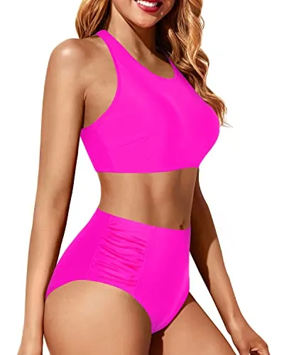 Sporty High Waisted Two Piece Bikini Set For Teen Girls-Neon Pink