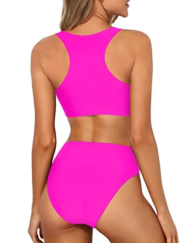 Sporty High Waisted Two Piece Bikini Set For Teen Girls-Neon Pink
