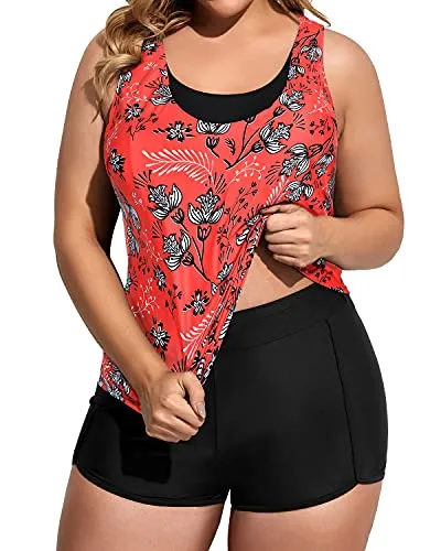 Sporty Plus Size Bathing Suits For Women With High Waisted Boy Shorts-Floral And Black