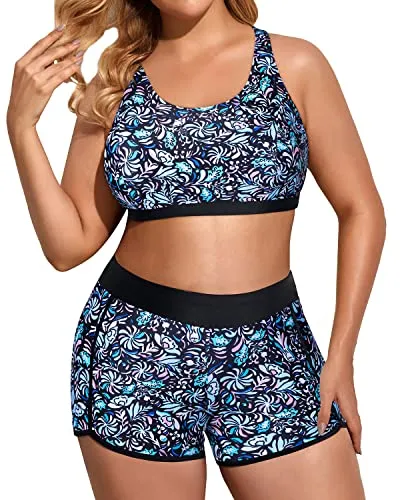 Sporty Plus Size Tankini Swimsuits With Adjustable Straps For Women-Blue Fower