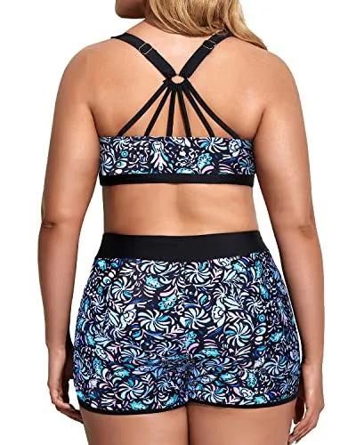 Sporty Plus Size Tankini Swimsuits With Adjustable Straps For Women-Blue Fower