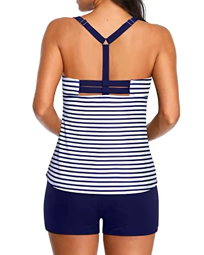 Sporty Racerback 2 Piece Bathing Suits For Women With Boy Shorts-Blue White Stripe