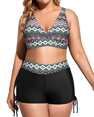 Sporty Women's Plus Size Tankini Swimsuits With Tummy Control-Black Tribal