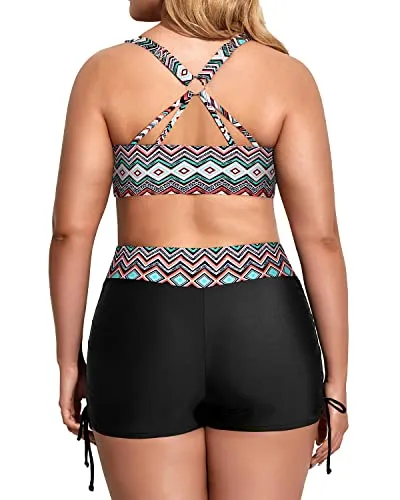 Sporty Women's Plus Size Tankini Swimsuits With Tummy Control-Black Tribal