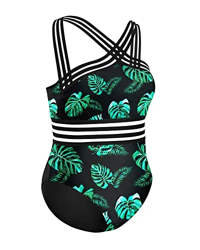 Strapless Monokinis For Slimming Plus Size Swimsuits For Women-Black And Green Leaf