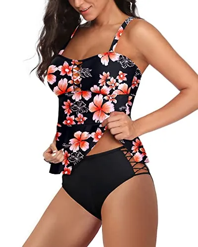 Strappy 2 Piece Peplum Tankini Swimsuits Tummy Control Bathing Suits-Pink Flower