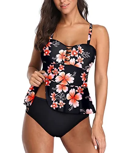Strappy 2 Piece Peplum Tankini Swimsuits Tummy Control Bathing Suits-Pink Flower