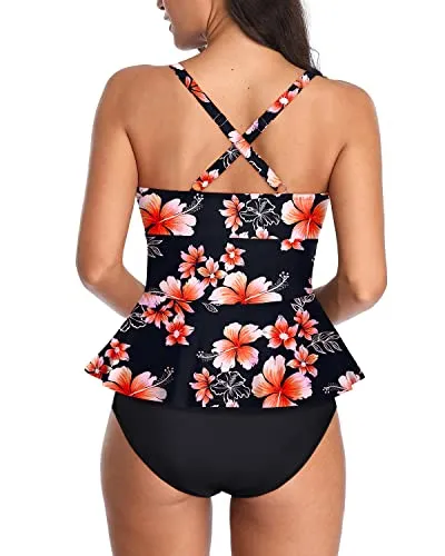Strappy 2 Piece Peplum Tankini Swimsuits Tummy Control Bathing Suits-Pink Flower