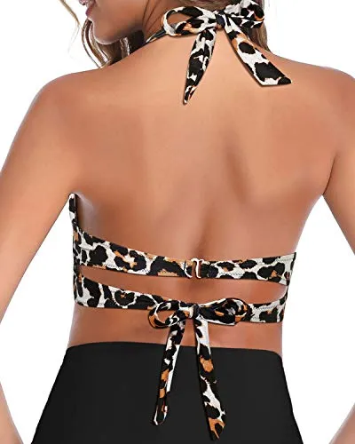 Stretchy Push Up Halter Swimsuit Top-Leopard