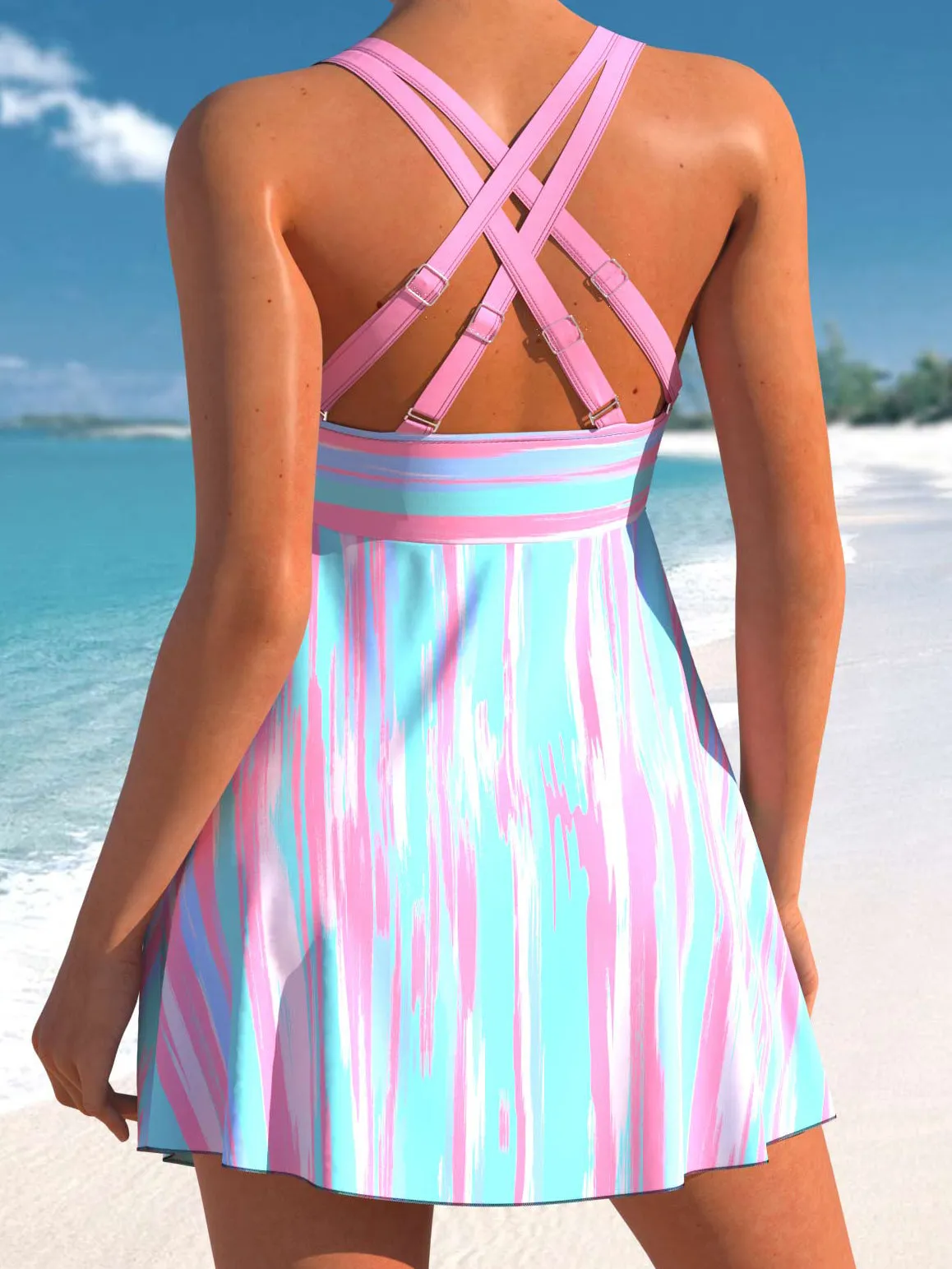 Striped Graffiti Print Light Swimdress And Shorts