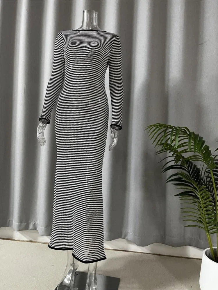 Striped Knitted Hollow Out Long-sleeved Dresses Women's See Through Cover-ups 2023 Beach Vacation