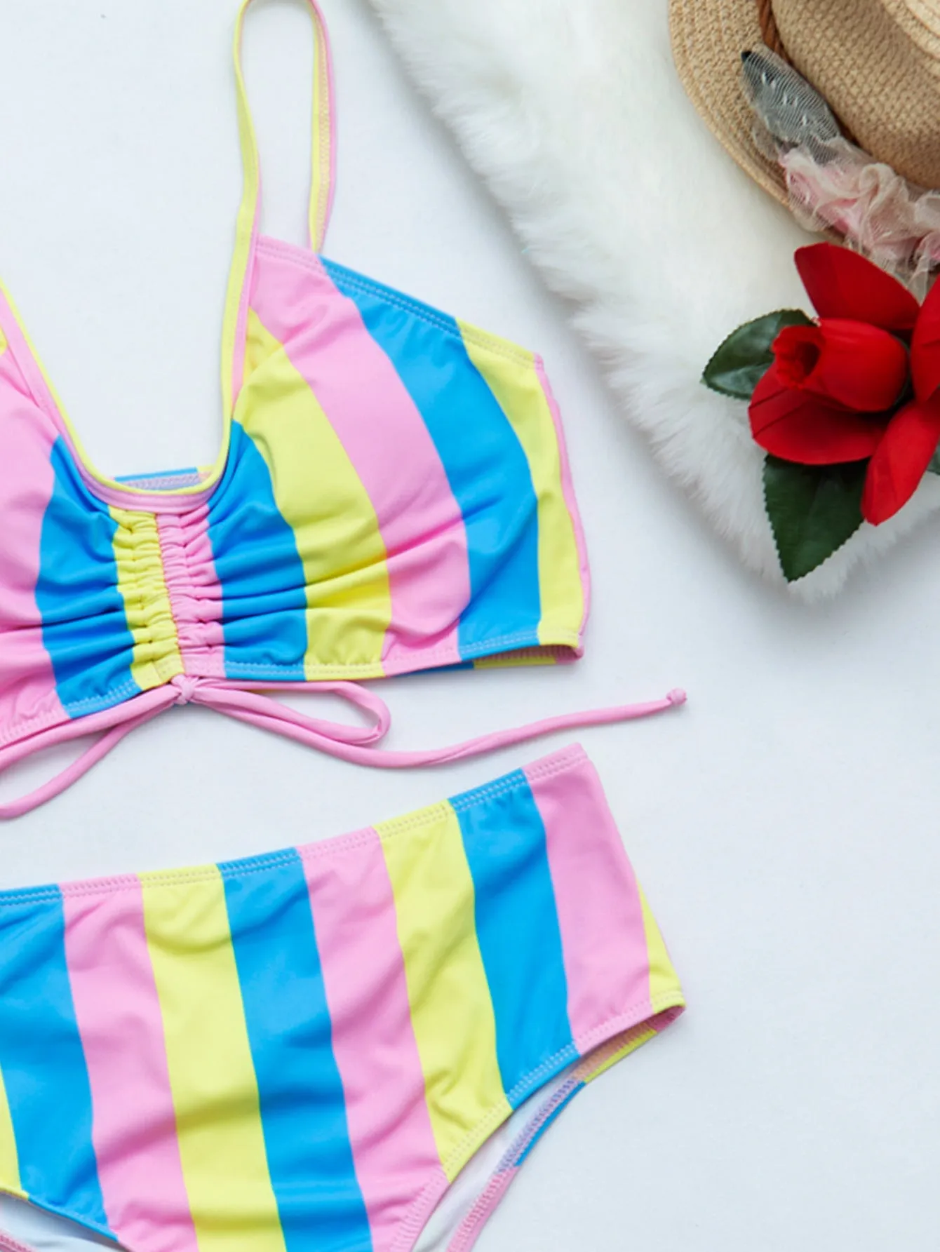 Striped prints split swimsuit sexy bikini laceup swimwear