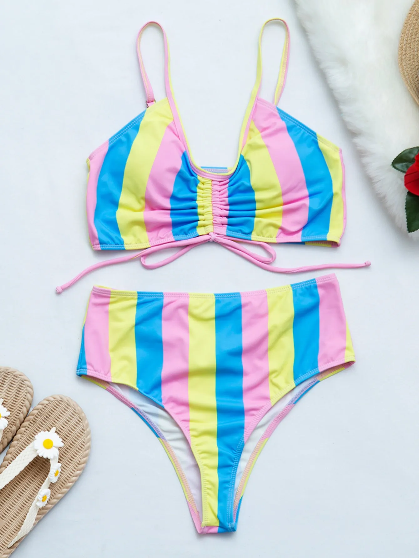 Striped prints split swimsuit sexy bikini laceup swimwear