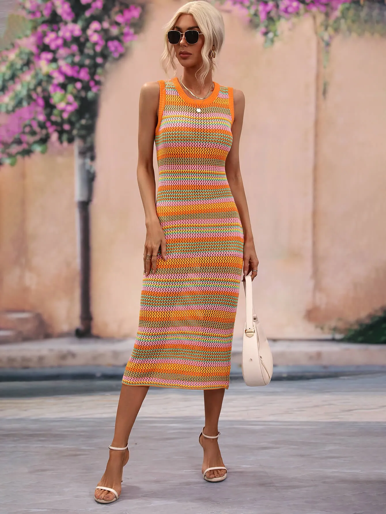 Striped Round Neck Sleeveless Midi Cover Up Dress