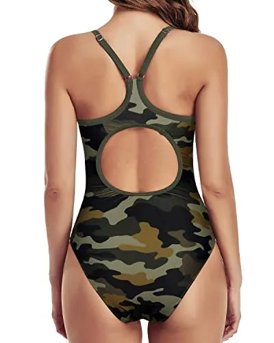 Stylish Flattering Athletic One Piece Swimsuits For Women-Green Camouflage