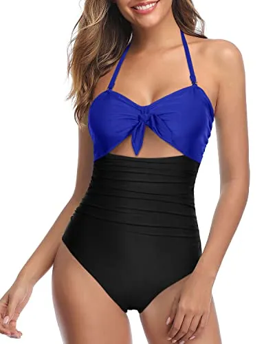 Stylish High Waisted One Piece Swimsuits Halter Backless One Piece Swimsuits-Royal Blue And Black