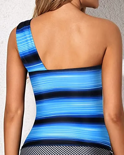 Stylish One Shoulder Tankini Top Padded Bra Swim Tops-Black And Blue Stripes