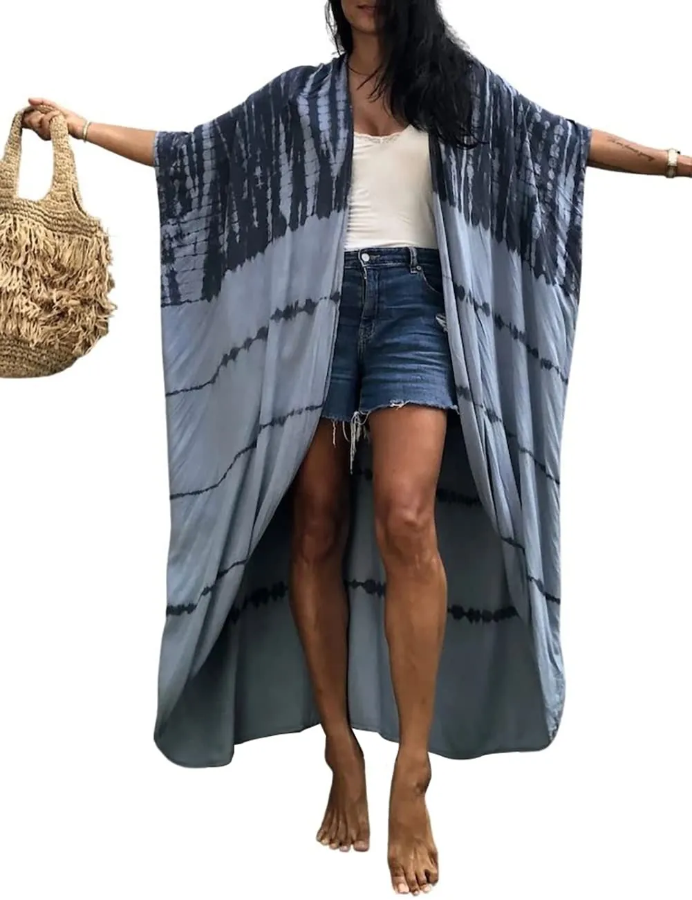 Stylish Tie Dye Open Front Long Kimono Swimsuit Cover up for Women