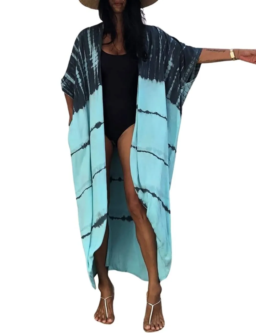 Stylish Tie Dye Open Front Long Kimono Swimsuit Cover up for Women