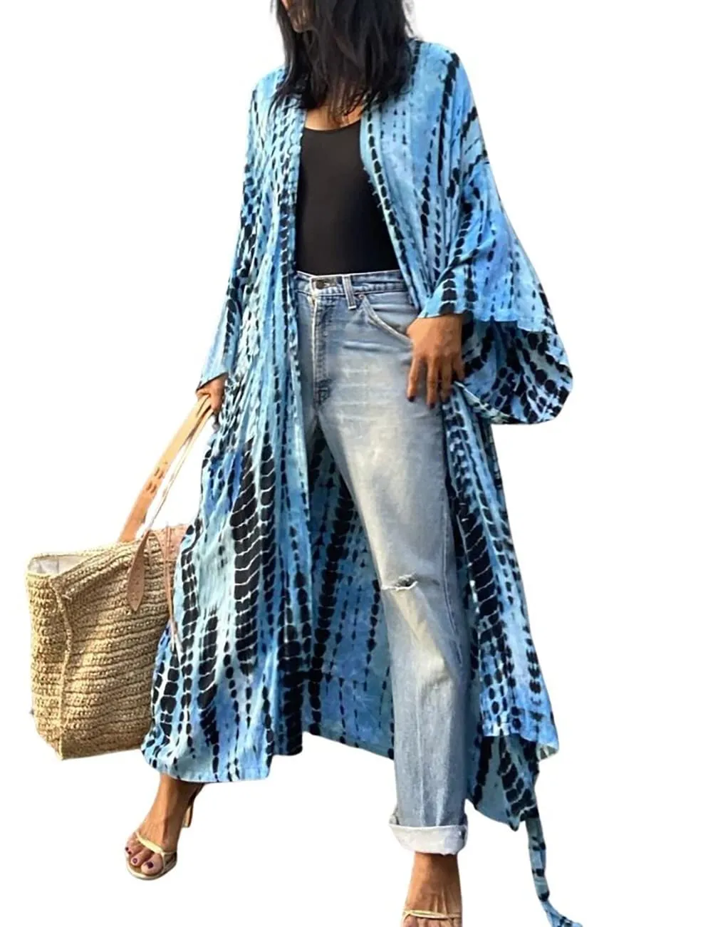 Stylish Tie Dye Open Front Long Kimono Swimsuit Cover up for Women