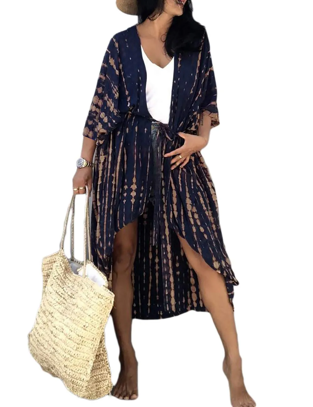 Stylish Tie Dye Open Front Long Kimono Swimsuit Cover up for Women