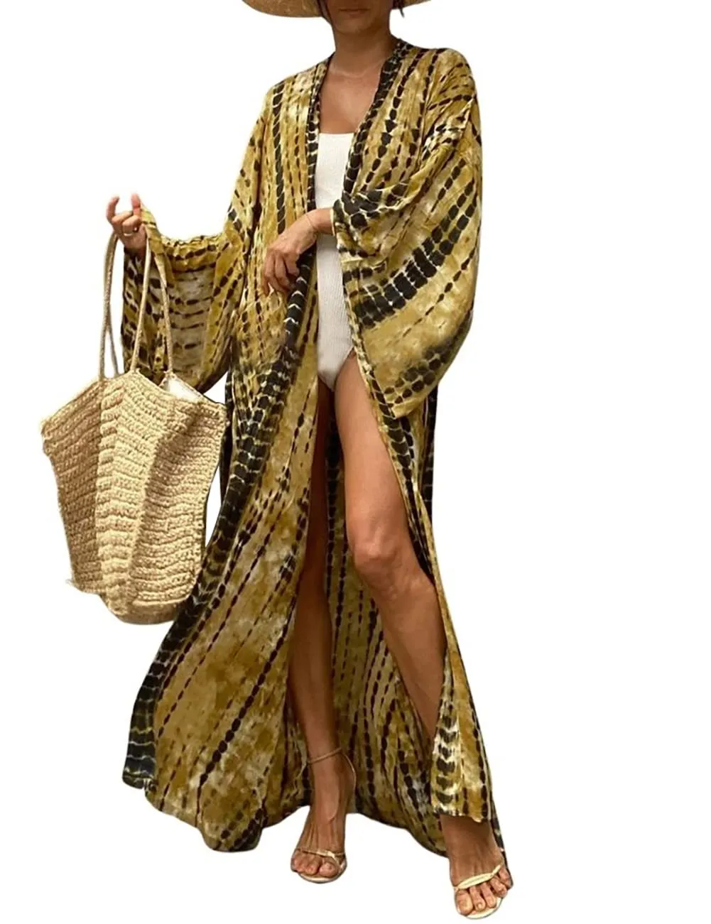 Stylish Tie Dye Open Front Long Kimono Swimsuit Cover up for Women