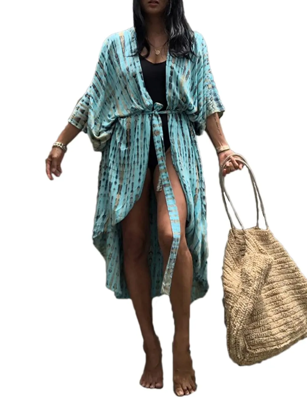 Stylish Tie Dye Open Front Long Kimono Swimsuit Cover up for Women