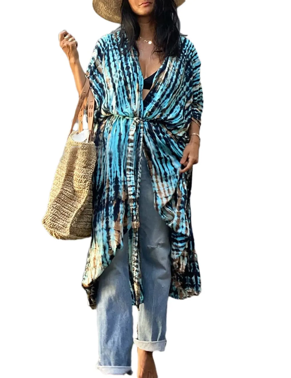 Stylish Tie Dye Open Front Long Kimono Swimsuit Cover up for Women
