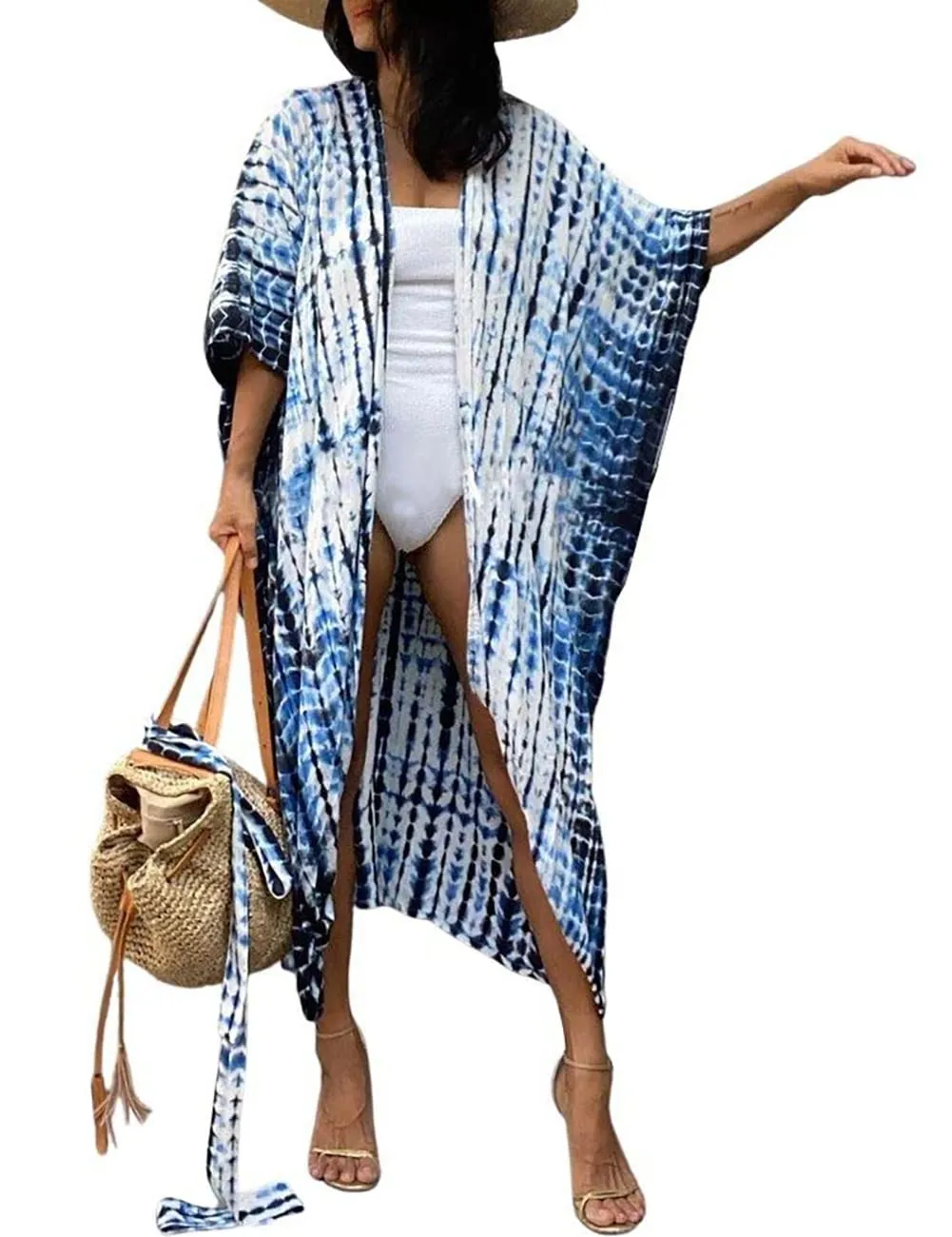 Stylish Tie Dye Open Front Long Kimono Swimsuit Cover up for Women