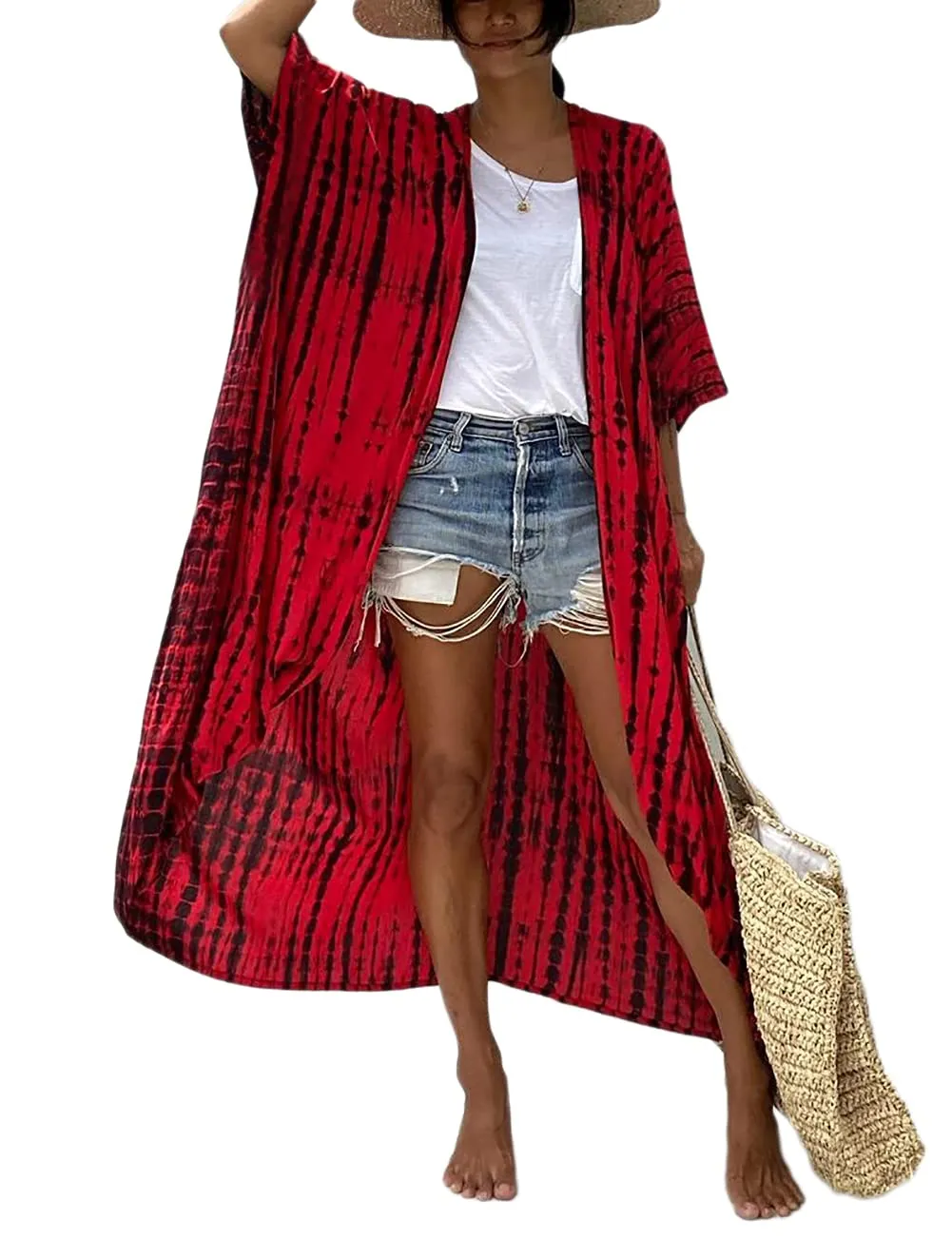 Stylish Tie Dye Open Front Long Kimono Swimsuit Cover up for Women