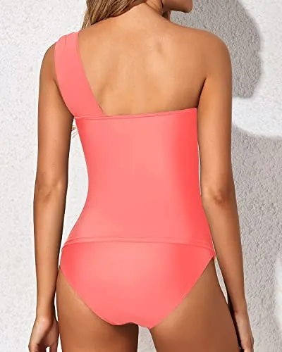 Stylish Two Piece One Shoulder Swim Top Shorts-Coral Pink