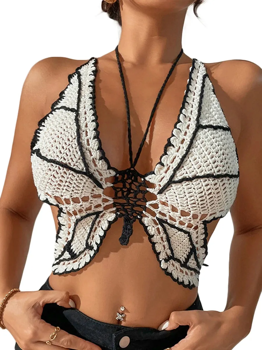 Summer Beach Bikini Swimwear – Sexy Hand Hooked Black & White Classic Women’s Bikini Tops for Holiday Trend