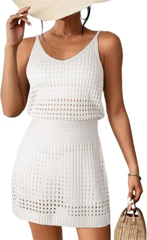 Summer Crochet Hollow Out Swim Cover Ups for Women Casual Loose Beach Bathing Suit Trendy 2025 Vacation Dresses