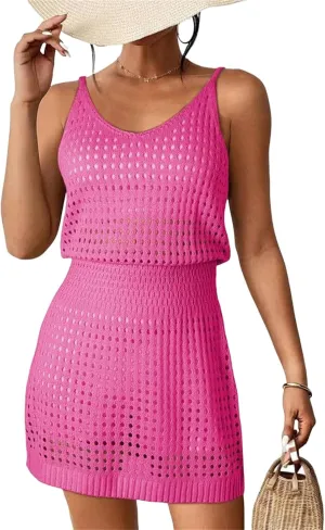 Summer Crochet Hollow Out Swim Cover Ups for Women Casual Loose Beach Bathing Suit Trendy 2025 Vacation Dresses