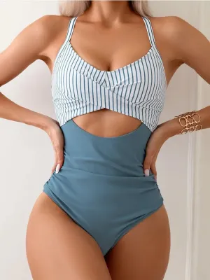Summer Cutout Contrast Two-Tone Wire-Free Swimsuit for Women
