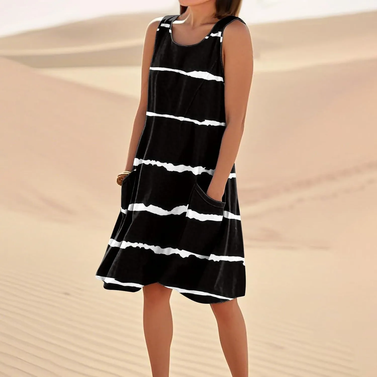 Summer Dresses for Women 2025 Loose Beach Vacation Clothes Sleeveless Linen Sundresses with Pocket Tank Dress