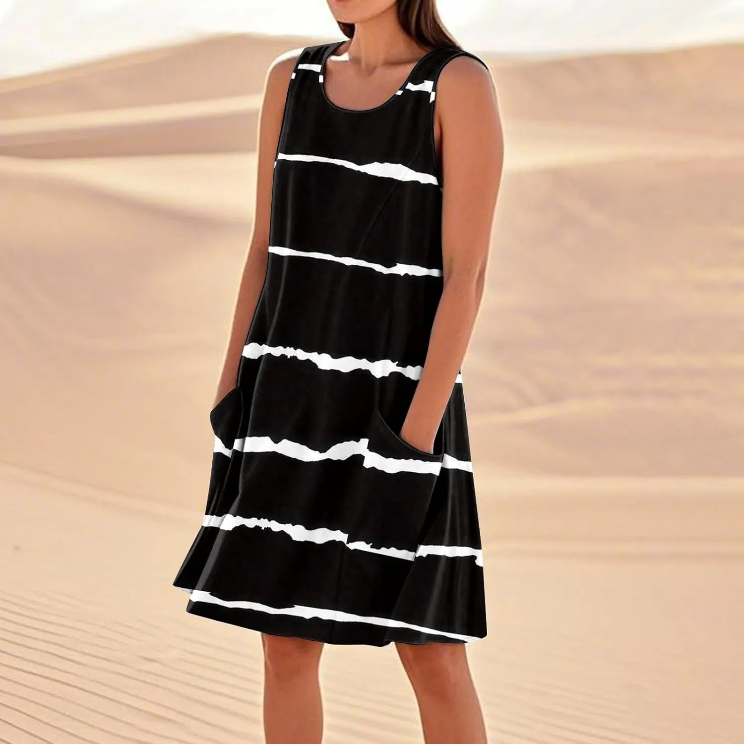 Summer Dresses for Women 2025 Loose Beach Vacation Clothes Sleeveless Linen Sundresses with Pocket Tank Dress