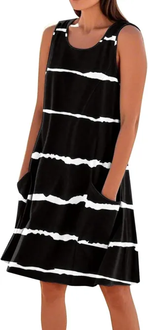 Summer Dresses for Women 2025 Loose Beach Vacation Clothes Sleeveless Linen Sundresses with Pocket Tank Dress