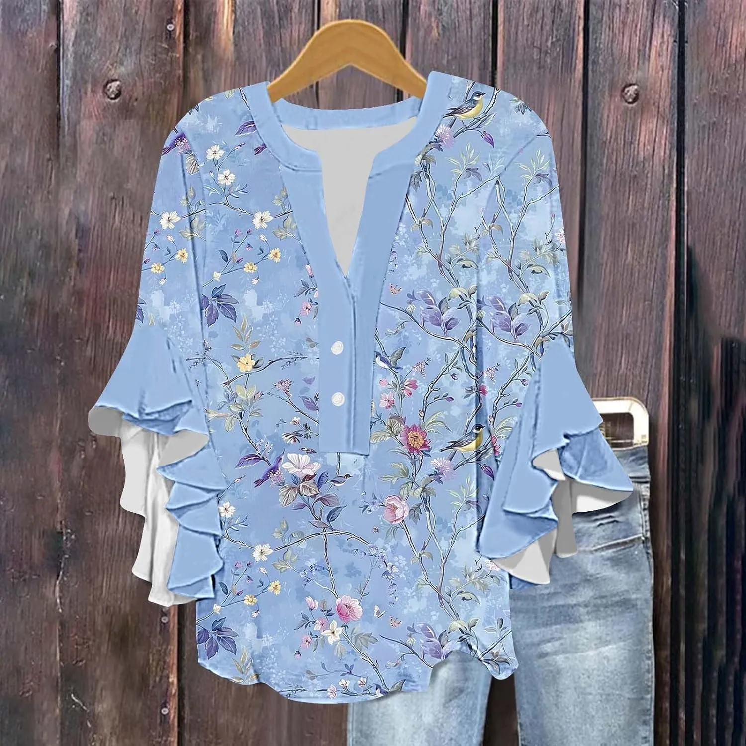 Summer Floral Tops for Women 3/4 Lenght Bell Sleeve Shirts Loose Fit Tunic Top Sexy V Neck Button Down T Shirts 2025