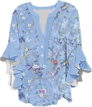 Summer Floral Tops for Women 3/4 Lenght Bell Sleeve Shirts Loose Fit Tunic Top Sexy V Neck Button Down T Shirts 2025