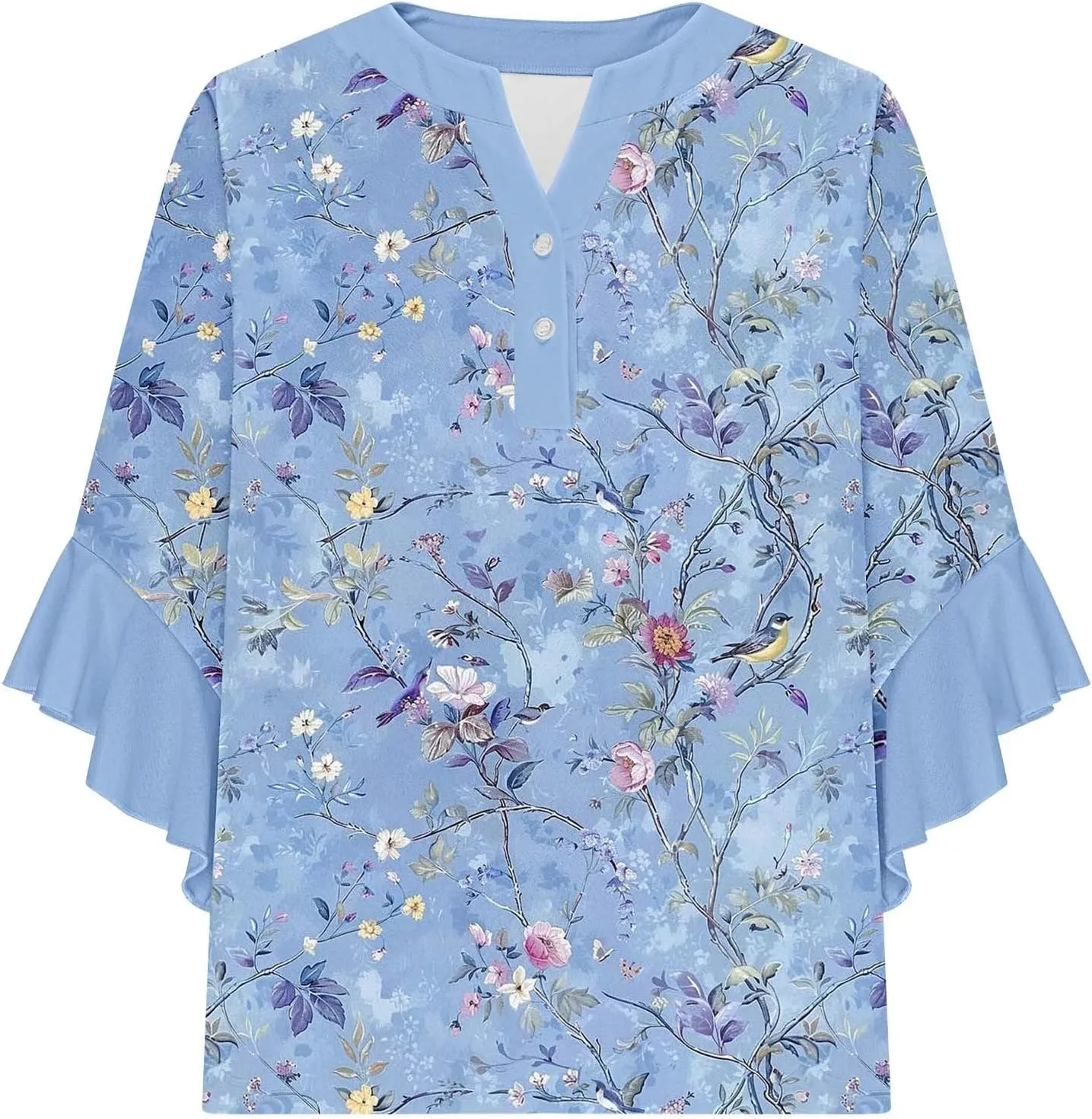 Summer Floral Tops for Women 3/4 Lenght Bell Sleeve Shirts Loose Fit Tunic Top Sexy V Neck Button Down T Shirts 2025