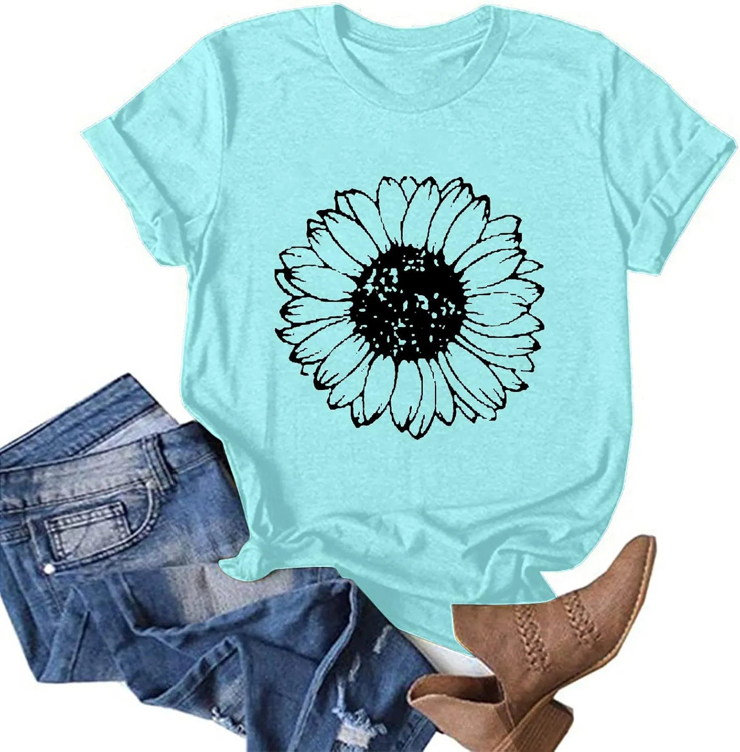 Summer Short Sleeve Tops for Women Funny Oversized Floral Print Loose T Shirts Casual Crewneck Soft Tees