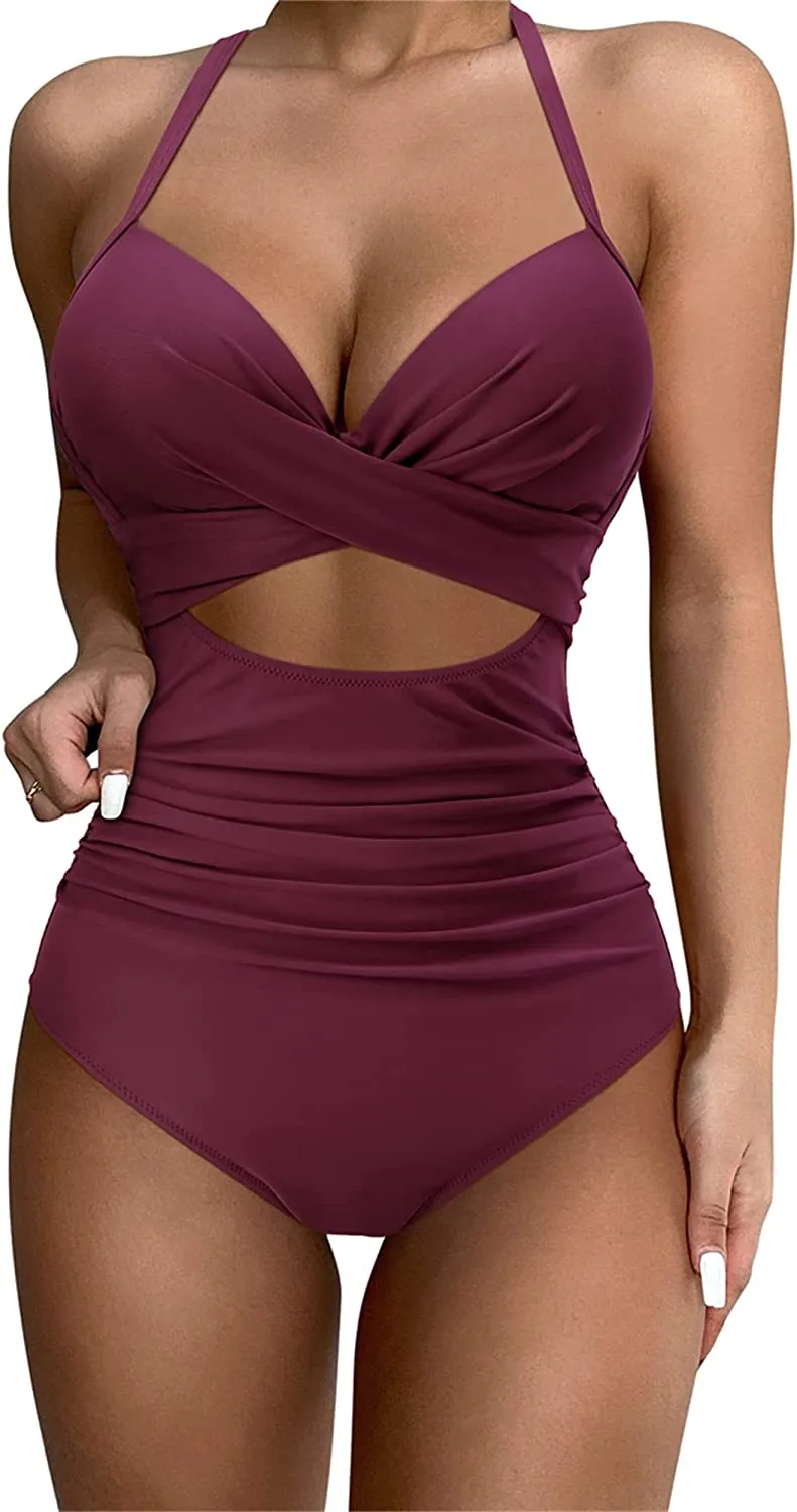 SUUKSESS Women Wrap Cut Out One Piece Swimsuit High Waisted Monokini Bathing Suit
